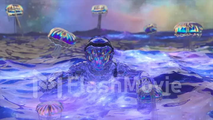 Diamond astronaut in ocean against the background of the starry sky. Diamond jellyfish fly. Blue neon color. Waves.