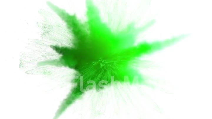 Green color powder explosion on white isolated background. 3d render super slow motion