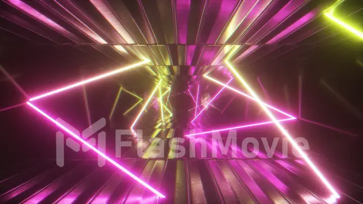 3d illustration, abstract metallic texture virtual reality tunnel. Futuristic motion graphic. Ultra violet neon light glow, fluorescent light. Flying forward corridor.