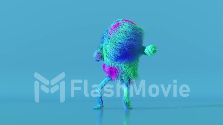 Cheerful colorful hairy cartoon dancing character, furry animal, having fun, furry mascot animation. Modern minimalist design. 3d animation of seamless loop.