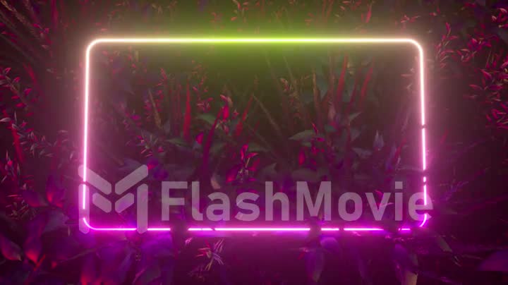 A bright ultraviolet neon frame appears against a backdrop of tropical leaves