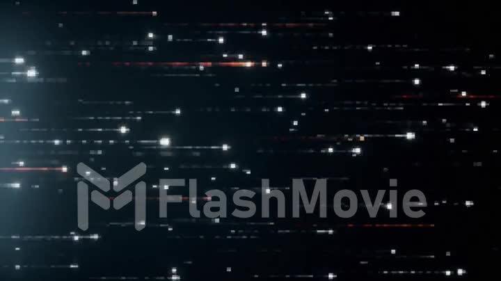 Abstract technology background with animation of fast flying flickering code particles as data transfer. Seamless loop 3d render. Modern color spectrum