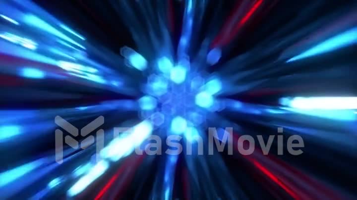 High speed flying lines 3d animation in seamless looping traffic. Laser neon blue red rays on a dark background.