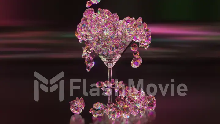 The diamonds fill the martini glass to the brim and scatter around. Ice-cube falling. Cocktail glass. Neon pink color