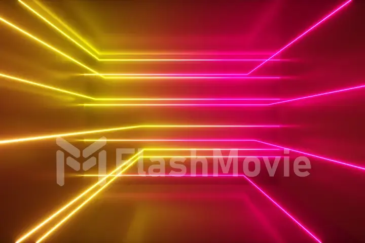 Abstract background, moving neon rays, luminous lines inside the room, fluorescent ultraviolet light, yellow red pink spectrum, 3d illustration