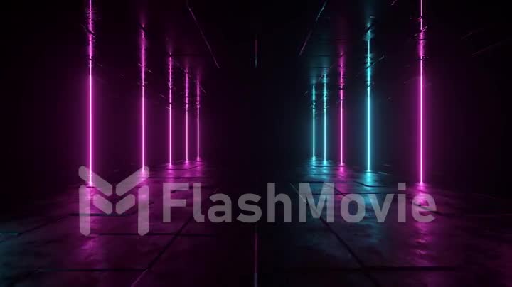 Futuristic sci fi bacgkround. Blue purple neon lights glowing in a room with concrete floor with reflections of empty space. Alien, Spaceship, Future, Arch. Progress. 3D animation of seamless loop.