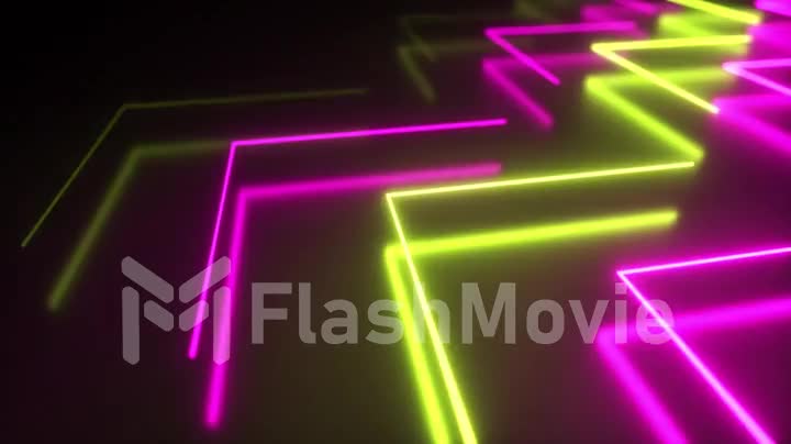 Flashing bright neon arrows light up and go out indicating the direction on the reflective floor. Abstract background, laser show. Ultraviolet neon yellow violet spectrum. Seamless loop 3d render