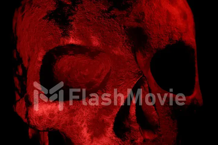 Human texture skull rotates on an isolated black background in red lighting close-up. 3d illustration