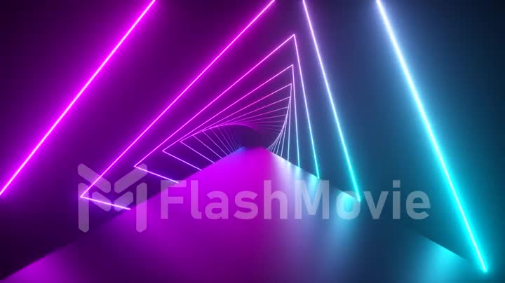 Glowing rotating neon triangles creating a tunnel, blue purple pink violet spectrum, fluorescent ultraviolet light, modern colorful lighting, 4k loop animation