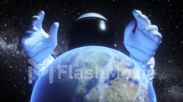 An astronaut stretches his hands behind the planet Earth