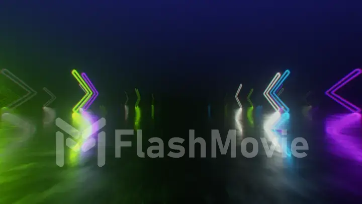 Fast flight in space with the direction of movement of the neon arrows. Abstract laser background. 3d illustration