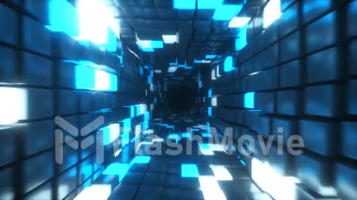 Abstract flying in futuristic corridor, seamless loop 4k background, fluorescent ultraviolet light, glowing colorful neon cubes, geometric endless tunnel, blue spectrum, 3d render