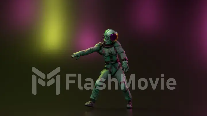 An astronaut in a spacesuit dances disco in a nightclub. Purple blue flashing neon light. 3d illustration