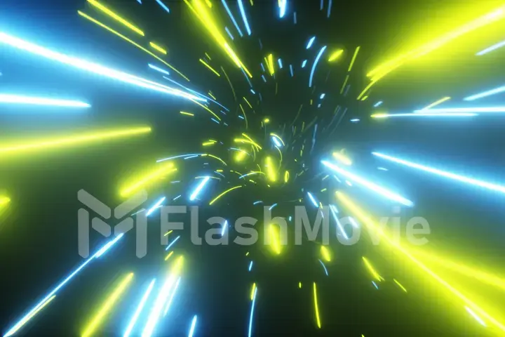 Flying in an abstract bright neon technology tunnel. Modern light. Hyper jump in data space. 3d illustration. Modern ultraviolet light spectrum.