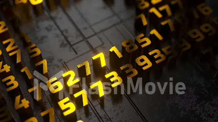 Golden numbers on a dark background. Binary code. Close-up. Software. Digital currency. 3d illustration