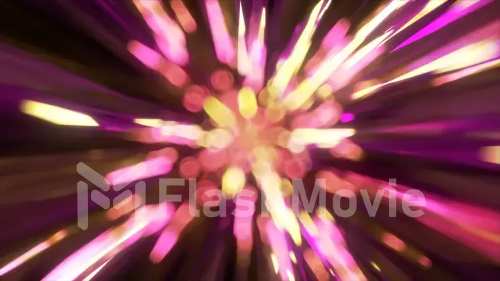 High speed flying lines 3d animation in seamless looping traffic. Laser neon pink purple rays on a dark background.