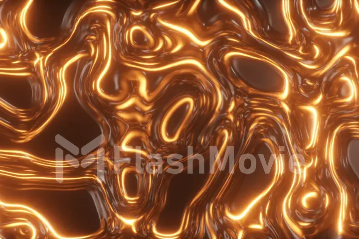Abstract glowing 3d render holographic oil surface background, foil wavy surface, wave and ripples, ultraviolet modern light, neon orange spectrum colors. 3d illustration