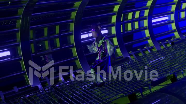 Monkey in a shiny robe stalks the blue neon tunnel. Lattice on the floor. 3d animation of seamless loop