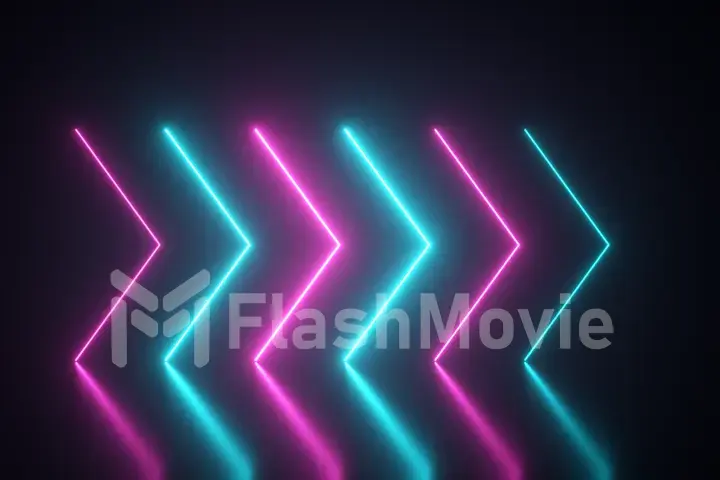 Flashing bright neon arrows light up and go out indicating the direction on the reflective floor. Abstract background, laser show. Ultraviolet neon blue violet light spectrum. 3d illustration