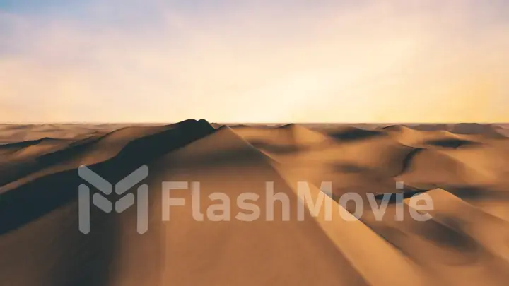 Endless flight in the endless hot desert with dunes and sandy mountains. 3d illustration