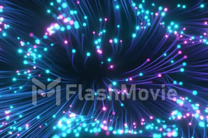 Fiber optic wires with flashing signals. Digital data transmission via fiber optic cable. Top view of colored optical fibers with bokeh. Technology concept. 3d illustration
