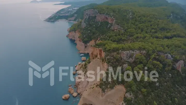 Beautiful seascape. Top view of a rocky shore covered with green trees. Blue water. Aerial drone view.