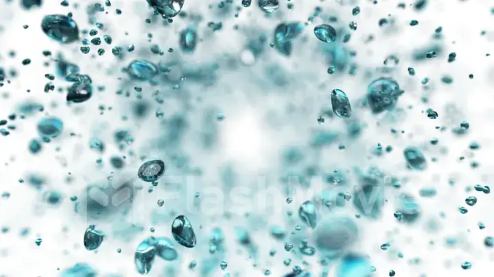 Explosion of water droplets into the camera in slow motion on an isolated white background. 3d illustration