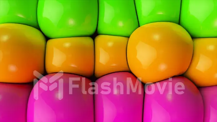 Abstract concept. Paint balloons deflate and inflate. Big bubbles. Green, orange, pink color. Distend.