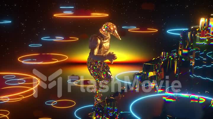 Duck dressed as an astronaut climbs a mirrored staircase. Blue orange neon circles are flying in the air. 3d animation