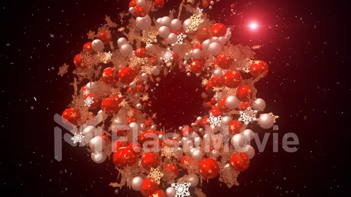 New year christmas background with christmas balls and snow in red 3d illustration