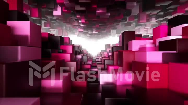 Abstract geometric tunnel made of red cubes with random movement. Seamless loop 3d render