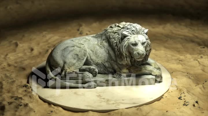 The sculpture of a lion flips over on the platform. White marble. 3d animation of seamless loop