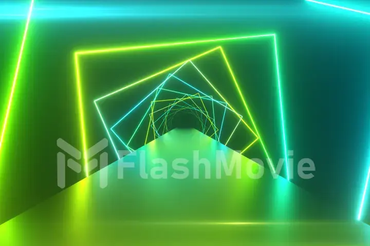 Abstract geometric background with rotating squares, fluorescent ultraviolet light, glowing neon lines, spinning tunnel, modern colorful green blue spectrum, 3d illustration