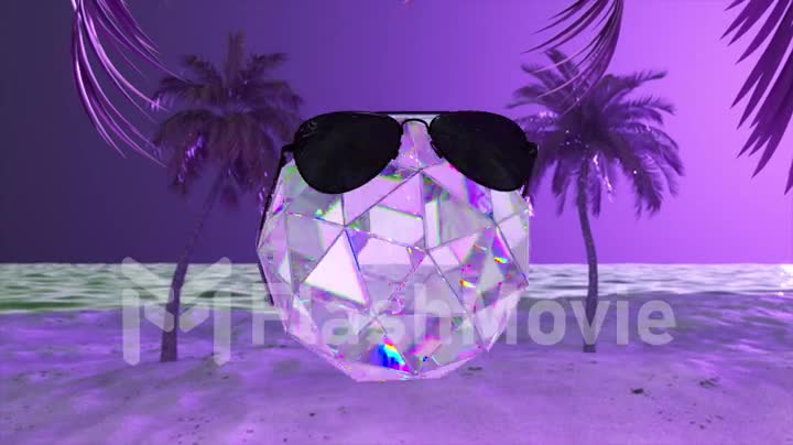 The diamond sphere in black glasses moves to the music, Palms and illuminations in the background. Pink, purple neon