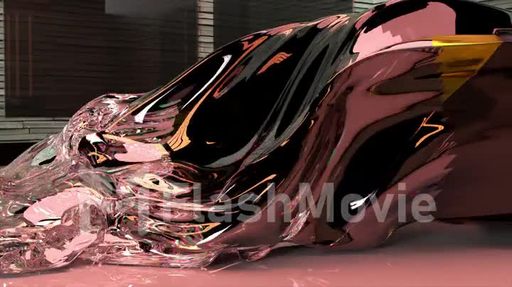 Abstract concept. Side view of a golden sports car that transforms into a transparent pink film. Exhibition item.