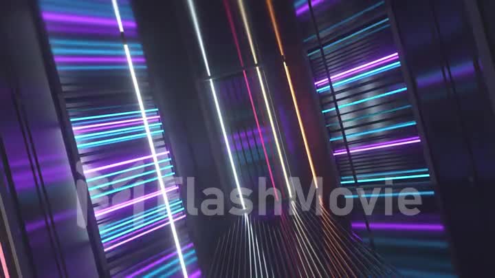 Bright neon lights in a metal room. Modern fluorescent light. Blue violet neon spectrum. 3d animation