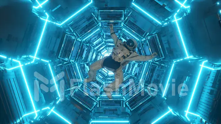 Astronaut falling in the corridor of a spaceship. Sci-Fi futuristic space tunnel VJ for titles and background. Neon light. 3d illustration