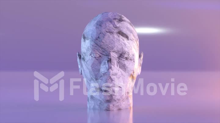 Abstract concept. The white marble stone turns into a sculpture with a human face. Lilac background. 3d animation