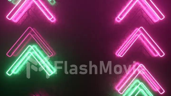 Bright neon arrows on a metal surface indicate the direction of movement. Abstract laser background. 3d illustration