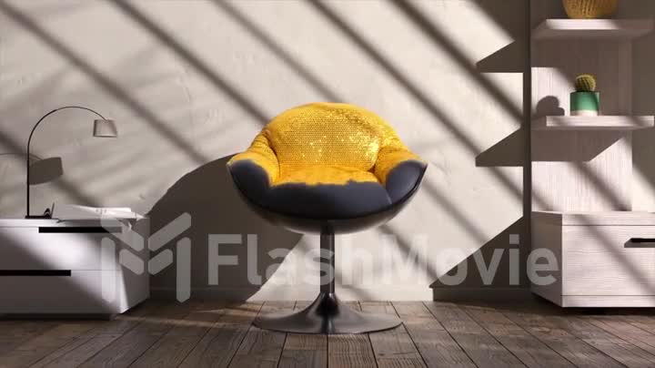 Abstract concept. The office chair inflates and turns into gold. Furniture. Interior. Shadow on the wall. 3d animation.
