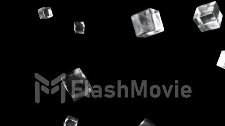 Ice cubes falling on isolated black background
