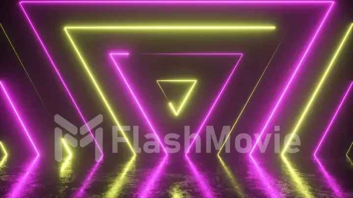 Abstract background from seamlessly appearing neon colorful triangles. Reflection in a scratched metal floor. Fluorescent ultraviolet modern light. 3d illustration