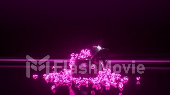 Game concept. The chess queen crumbles into glowing particles. Pink neon light. 3D animation of a seamless loop.