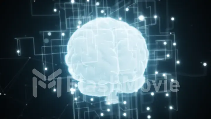 An expanding network around the digital brain of artificial intelligence. Big data deep learning computer machine 3d illustration