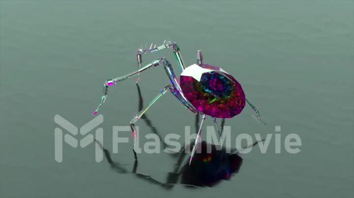 Spider with a body made of a diamond stone walks on a smooth mirror surface. Red color. 3d animation of seamless loop