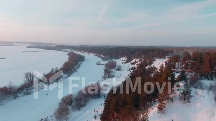 4k Aerial View Snow Covered Trees River Drone Footage Landscape Winter Nature Beautiful On A Sunny Day
