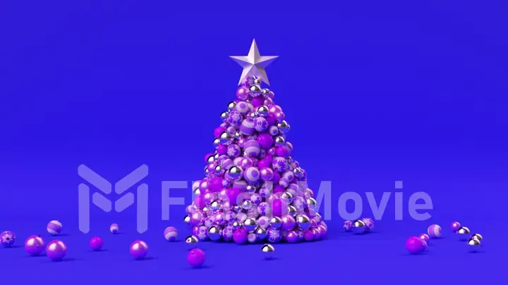 A tree of Christmas balls is growing dynamically on a bright colorful blue background. 3d illustration