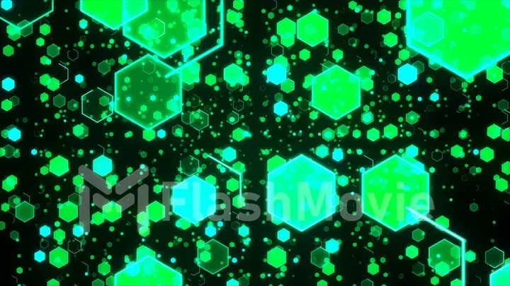Abstract technological background with green luminous hexagons. 3d illustration