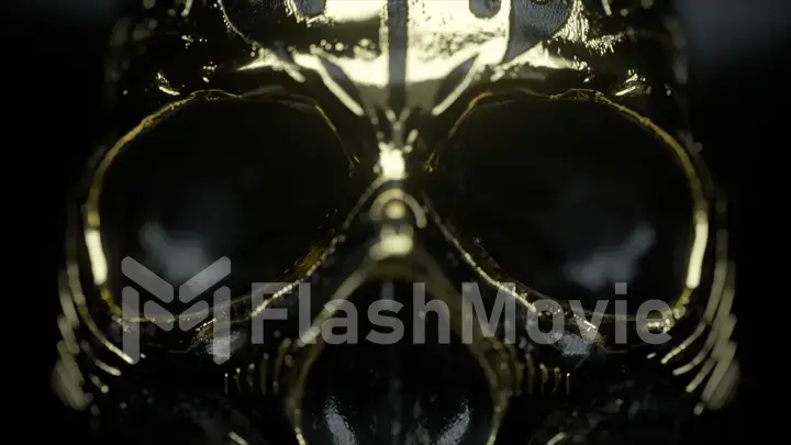 Human skull with gold accents close-up. Horror and halloween fear concept. 3d illustration