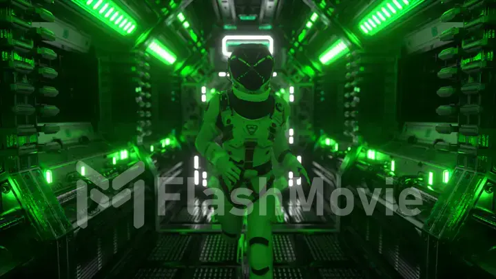 Astronaut runs through a tunnel to another compartment of the space gate. Spaceship and technology concept. 3d illustration